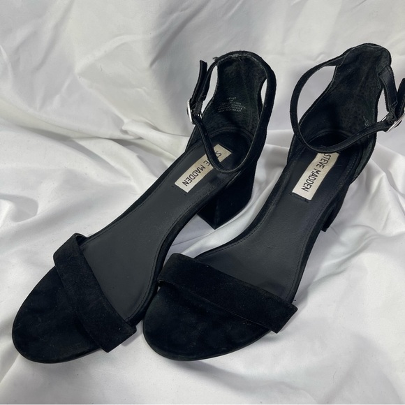 Steve Madden Irenee Black Suede Block Heels Strappy Little Dressy Number - Picture 1 of 7